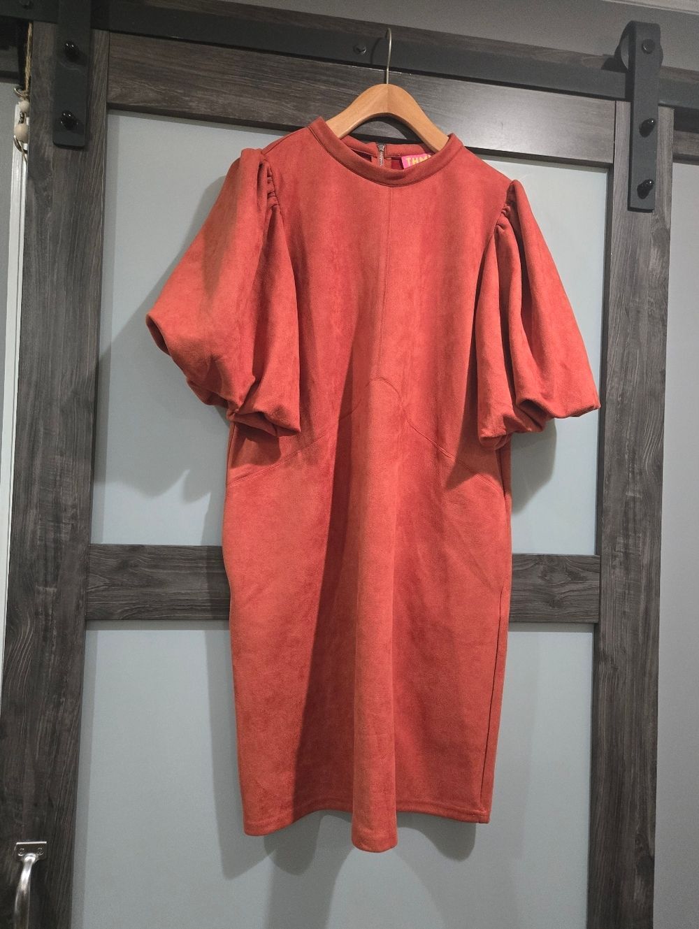 THML Burnt rust Orange Sara Suede Puff Sleeve Shift Dress Sz Medium
